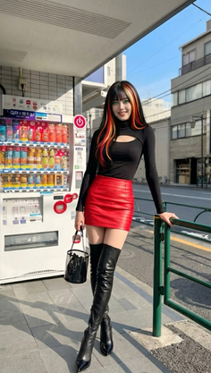 Woman with colorful hair and a red skirt standing by a vending machine on a street