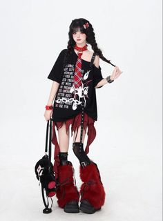 Person in gothic fashion with braided hair and red fur boots