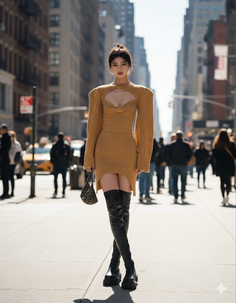 Woman in a mini dress and thigh-high boots on a city street