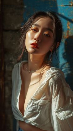 Woman with an open white shirt and jewelry in dramatic lighting