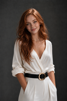 Woman with red hair and freckles wearing a white blouse and black belt