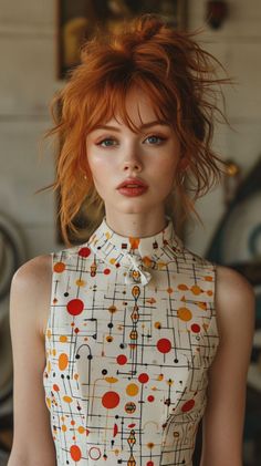 Woman with red hair and freckles wearing a sleeveless top with an abstract pattern