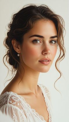 Woman with brown hair in an updo wearing a white lace top