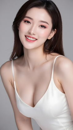Smiling woman with long dark hair wearing a white top with cleavage