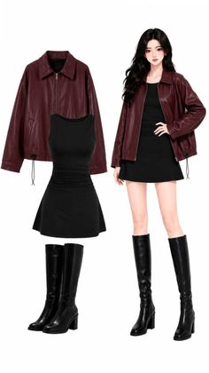Illustration of a woman in a black dress, leather jacket, and knee-high boots