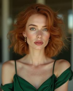 Woman with red hair and green eyes wearing a green dress