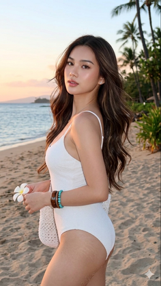 Woman in a white swimsuit on a beach at sunset, holding a flower