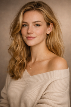 Woman with blonde hair and freckles wearing an off-shoulder sweater and gold necklace