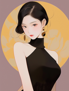 Woman with short black hair wearing a black dress and earrings
