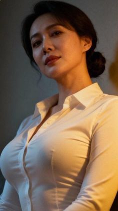 Woman in a white shirt with dark hair in an updo, looking at the camera