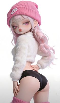 3D render of a character with pink hair and a pink beanie, wearing a fuzzy sweater and shorts