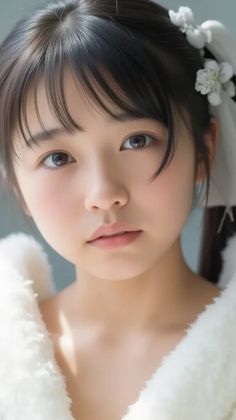 Young girl with black hair and bangs wearing fluffy white clothing with flowers