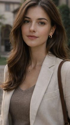 Woman with long brown hair wearing a blazer and gold jewelry outdoors