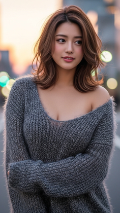 Woman in an off-shoulder sweater with cleavage visible, outdoors with soft lighting