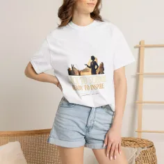 Woman in a white t-shirt and denim shorts with a 'Back to School' graphic