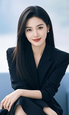 Woman with long black hair wearing a black blazer and red lipstick