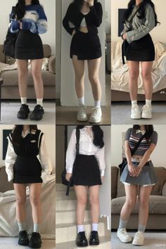 Six different outfits featuring mini skirts and various tops