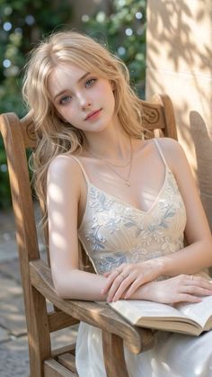 Blonde woman in an embroidered dress sitting outdoors with a book