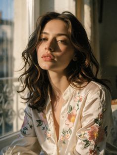 Woman with long wavy hair in an embroidered shirt, lit by golden hour sunlight