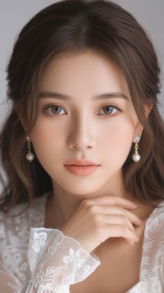 Woman with long wavy hair and pearl earrings wearing a lace dress