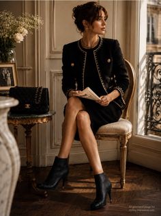 Woman in a black jacket with gold chain details sitting indoors