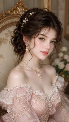 Woman with an updo and pearl jewelry wearing a pink lace off-shoulder dress