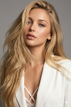 Blonde woman in a white blazer and strappy bra with soft lighting