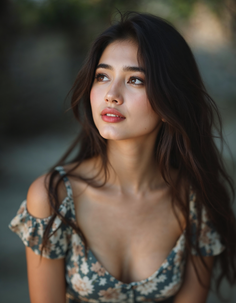 Woman with long dark hair wearing a floral off-shoulder dress