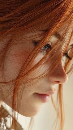 Close up profile of a person with red hair and freckles looking down