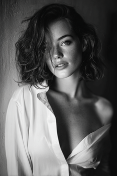 Woman with short hair and freckles wearing an unbuttoned white shirt