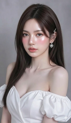 Woman with long dark hair wearing a white off-shoulder dress and heart earrings