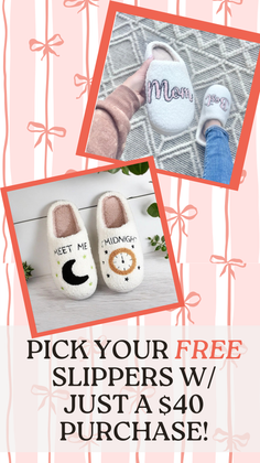 Promotional image for slippers with embroidered text on a pink background