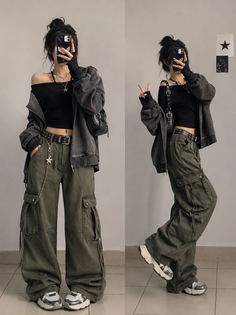 Person in cargo pants and an off-shoulder top with a hoodie and accessories