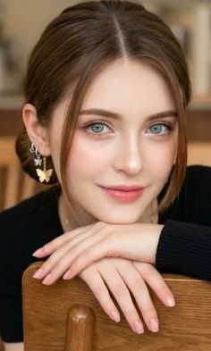 Woman with green eyes and brown hair wearing butterfly earrings