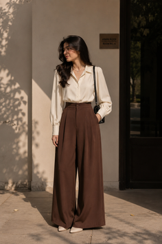 Woman with long dark hair wearing a white shirt and brown pants outdoors