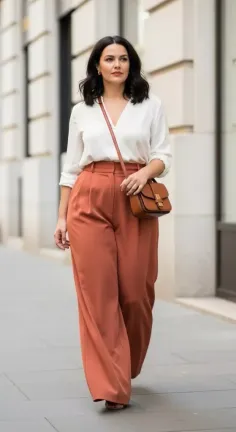 Woman in wide leg pants and a white blouse walking on a street