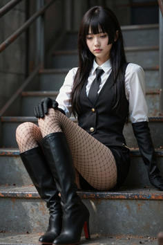 Woman with long black hair wearing a white shirt, black vest, and fishnet stockings