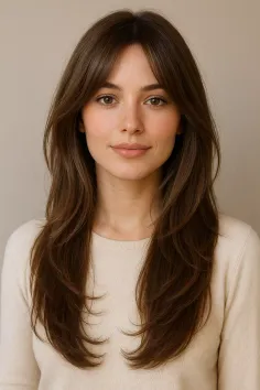 Woman with long brown layered hair and bangs, wearing a light sweater