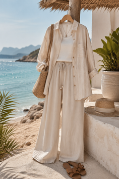 Beach outfit with wide leg pants and a straw bag hanging on a wooden post
