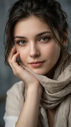 Woman with brown hair and a beige scarf, resting her chin on her hand