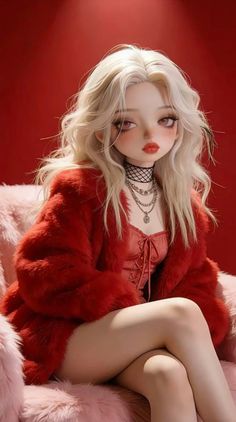 3D render of a woman with blonde hair in a red fur coat and choker