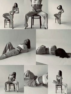 Multiple black and white shots of a woman in a white bra and loose jeans