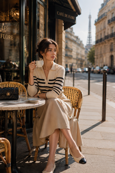 Woman in a striped sweater and long skirt at an outdoor cafe with the Eiffel Tower in the background