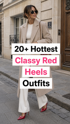Woman in a long coat and red heels on a city street