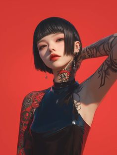 Woman with short black hair and tattoos wearing a black top against a red background