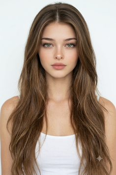 Woman with long brown hair and green eyes wearing a white tank top