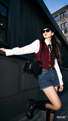 Woman in a beret, sunglasses, vest, and denim shorts posing outdoors