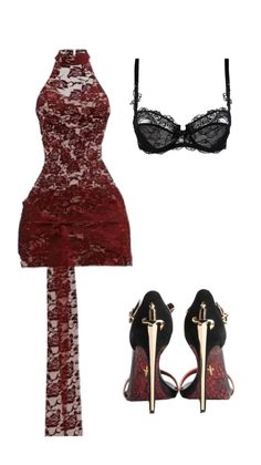 Red lace dress, black lace bra, and high heels with sword-shaped heels