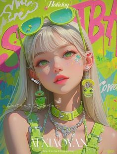 Anime style portrait of a blonde woman with green eyes and bright green accessories