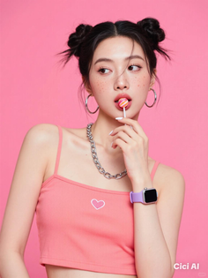 Woman with space buns and freckles holding a lollipop against a pink background